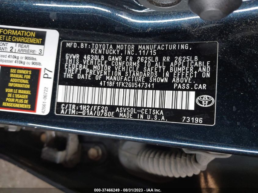 2016 TOYOTA CAMRY XLE/SE/LE/XSE - 4T1BF1FK2GU547341