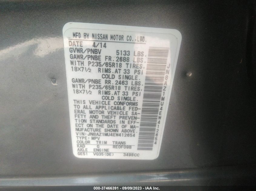 2014 NISSAN MURANO S/SL/SV/LE - JN8AZ1MU4EW412654
