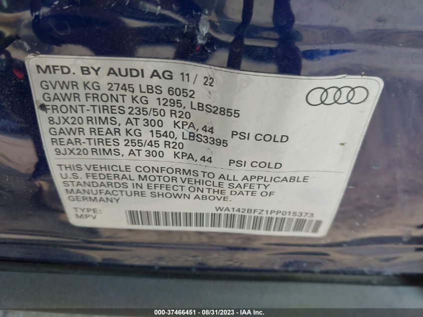 2023 AUDI Q4 E-TRON SPORTBACK PRESTIGE WA142BFZ1PP015373