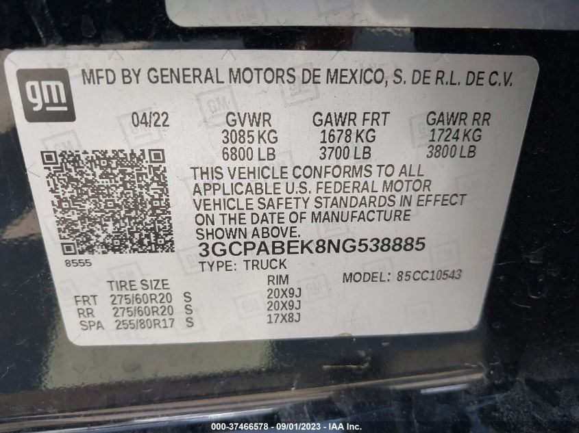 2022 CHEVROLET SILVERADO 1500 CUSTOM - 3GCPABEK8NG538885