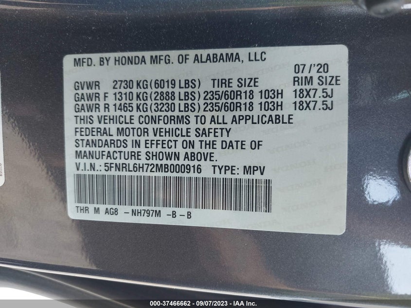 VIN 5FNRL6H72MB000916 2021 HONDA ODYSSEY EXL