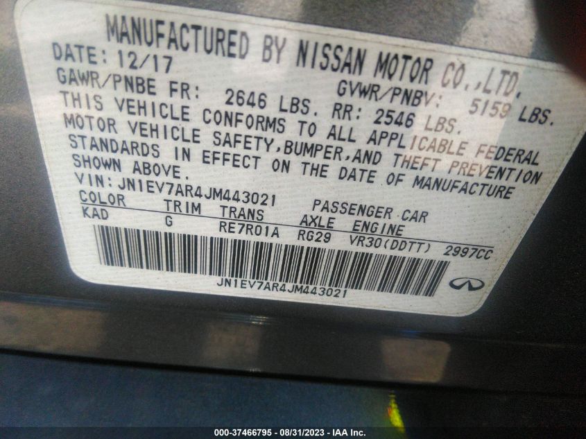 2018 INFINITI Q50 3.0T LUXE - JN1EV7AR4JM443021