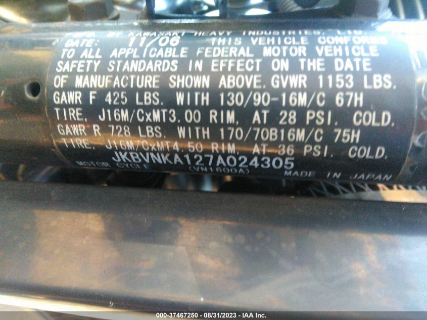 2007 KAWASAKI VN1600 A1 JKBVNKA127A024305