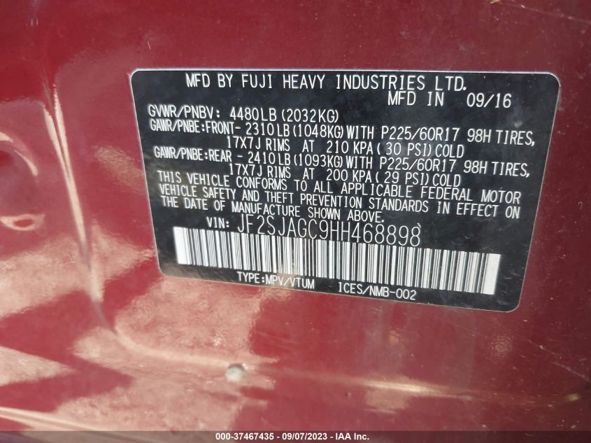 2017 SUBARU FORESTER PREMIUM - JF2SJAGC9HH468898