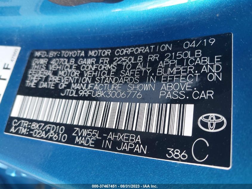 2019 TOYOTA PRIUS LE/XLE - JTDL9RFU8K3006776