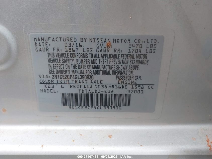 2016 NISSAN VERSA NOTE S/S PLUS/SV/SR/SL - 3N1CE2CP4GL390930