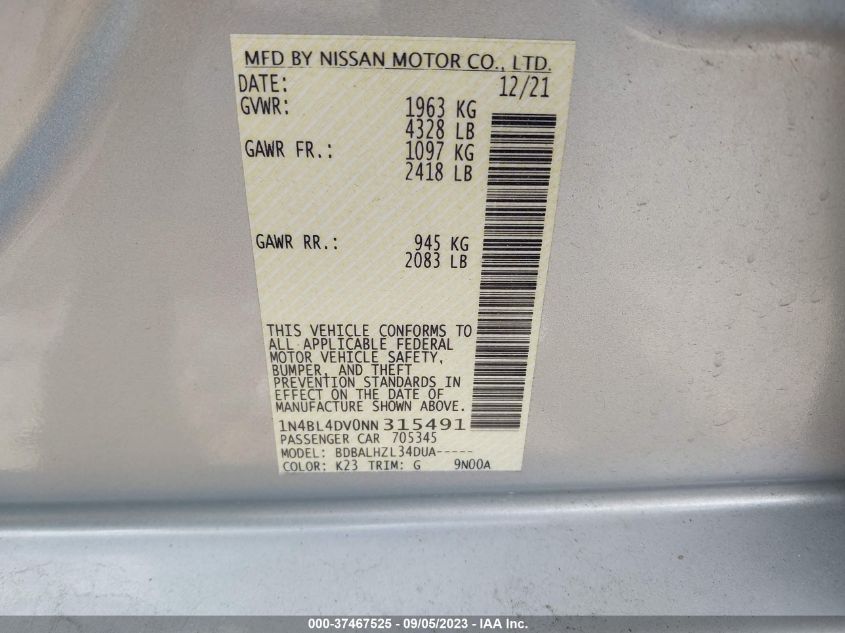 2022 NISSAN ALTIMA 2.5 SV - 1N4BL4DV0NN315491
