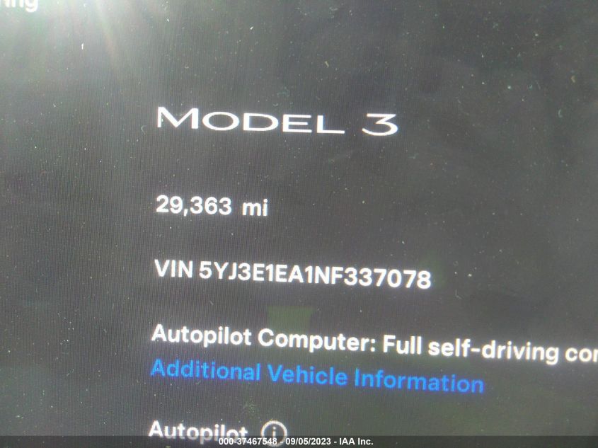 2022 TESLA MODEL 3 - 5YJ3E1EA1NF337078