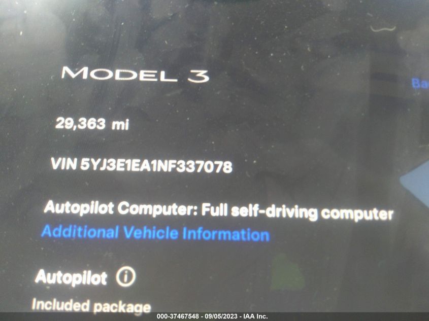 2022 TESLA MODEL 3 - 5YJ3E1EA1NF337078
