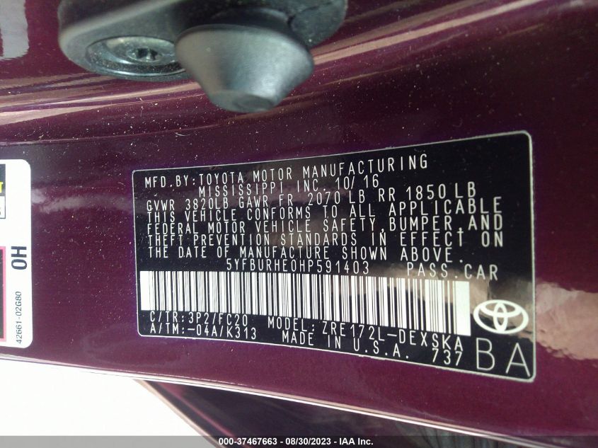 2017 TOYOTA COROLLA L/LE/XLE/SE/XSE - 5YFBURHE0HP591403