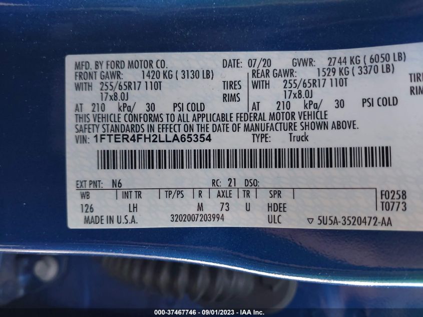 2020 FORD RANGER XL/XLT/LARIAT - 1FTER4FH2LLA65354