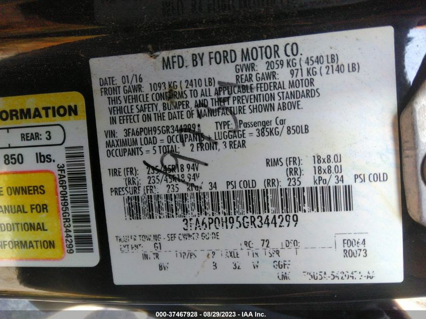 2016 FORD FUSION SE - 3FA6P0H95GR344299