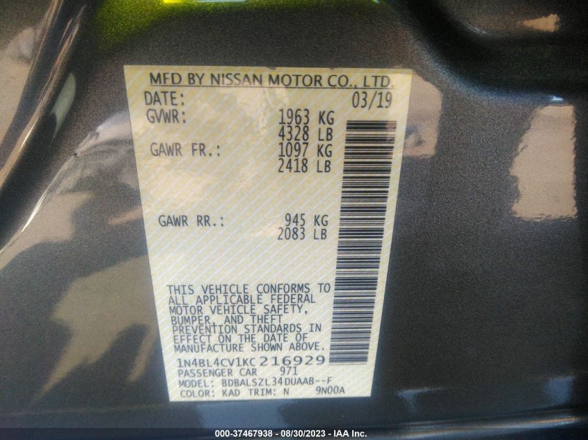 2019 NISSAN ALTIMA 2.5 SR - 1N4BL4CV1KC216929