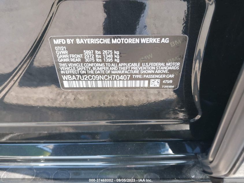 2022 BMW 750I XDRIVE WBA7U2C09NCH70407