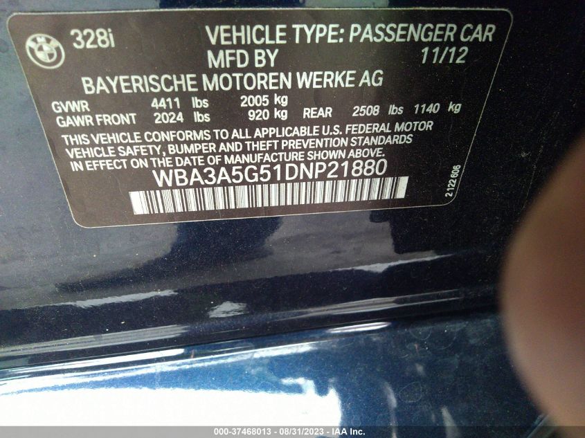 2013 BMW 3 SERIES 328I - WBA3A5G51DNP21880