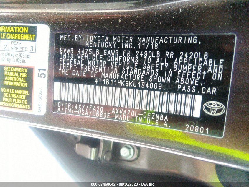 2019 TOYOTA CAMRY L/LE/XLE/SE/XSE - 4T1B11HK8KU194009
