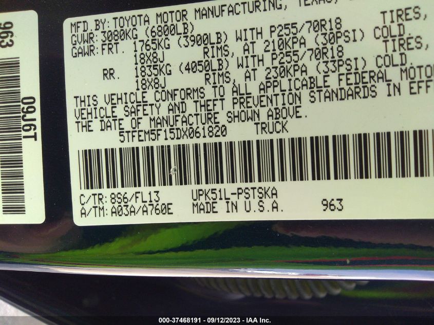 2013 TOYOTA TUNDRA 2WD TRUCK 5TFEM5F15DX061820