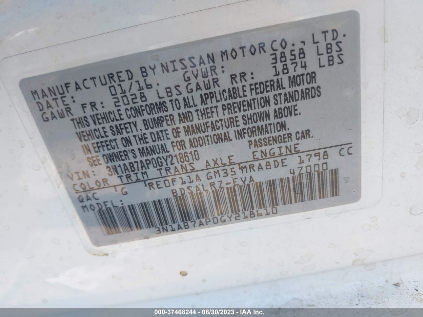 2016 NISSAN SENTRA S/SV/SR/SL - 3N1AB7AP0GY218610