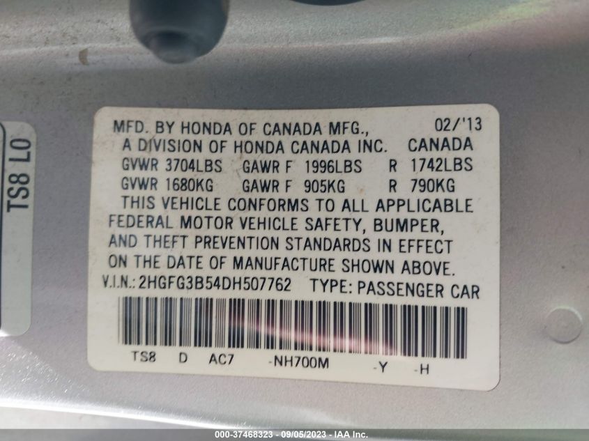 2013 HONDA CIVIC CPE LX 2HGFG3B54DH507762