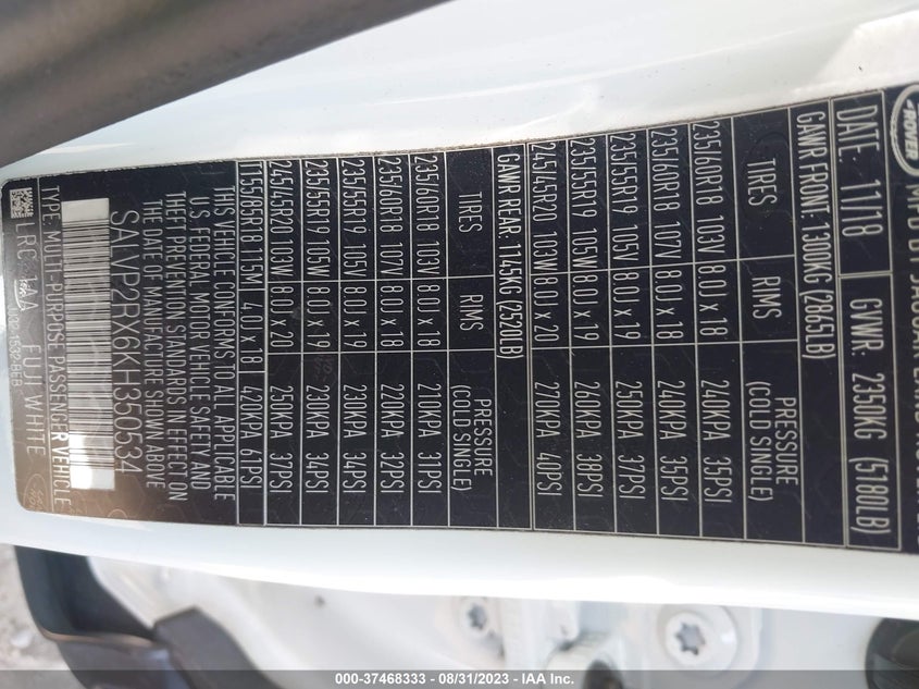 VIN SALVP2RX6KH350534 2019 LAND ROVER RANGE ROVER EVOQUE SE
