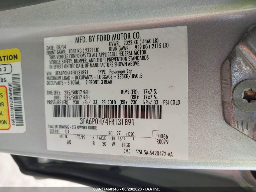 2015 FORD FUSION SE - 3FA6P0H74FR131891