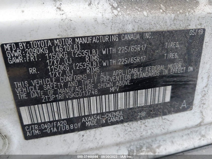 VIN 2T3P1RFV5KC013748 2019 TOYOTA RAV4 XLE/XLE PREMIUM