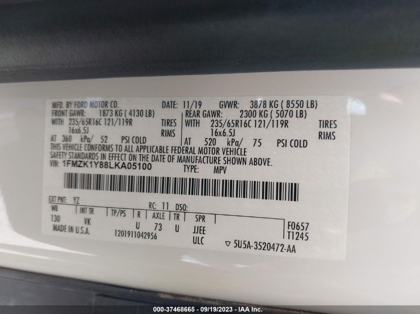 2020 FORD TRANSIT PASSENGER WAGON XL/XLT 1FMZK1Y88LKA05100