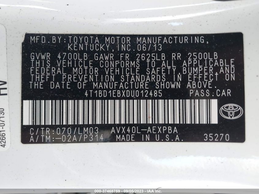 2013 TOYOTA AVALON HYBRID LIMITED 4T1BD1EBXDU012485