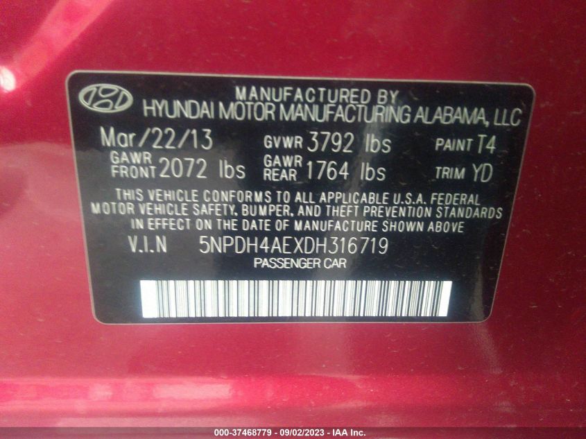 2013 HYUNDAI ELANTRA GLS PZEV - 5NPDH4AEXDH316719