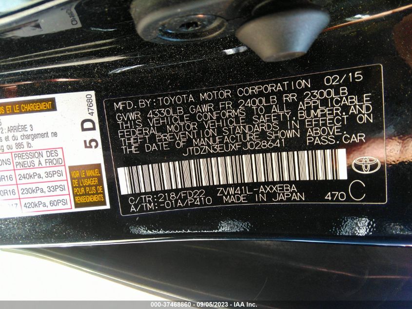 2015 TOYOTA PRIUS V TWO/FIVE/THREE/FOUR - JTDZN3EUXFJ028641