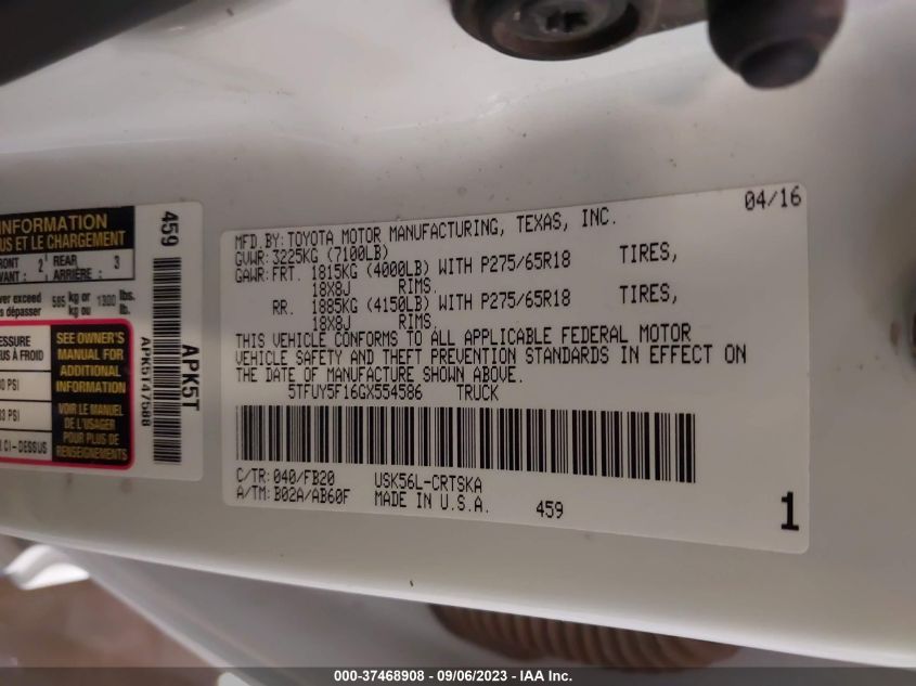 2016 TOYOTA TUNDRA 4WD TRUCK SR/SR5/TRD PRO 5TFUY5F16GX554586