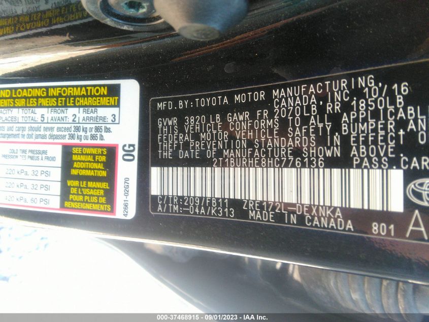 2017 TOYOTA COROLLA L/LE/XLE/SE - 2T1BURHE8HC776136