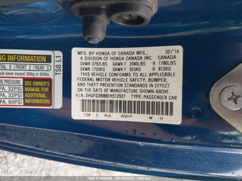 2014 HONDA CIVIC COUPE EX 2HGFG3B88EH512927
