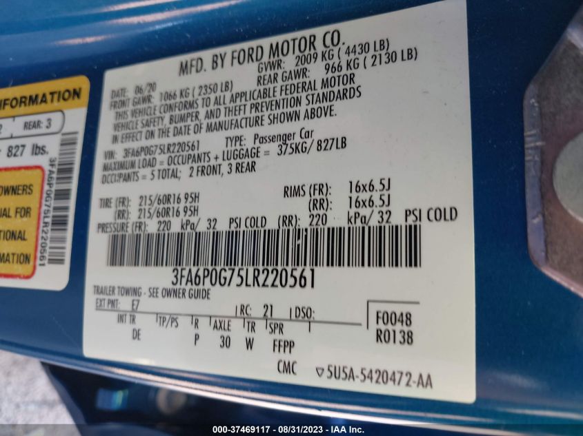 2020 FORD FUSION S - 3FA6P0G75LR220561