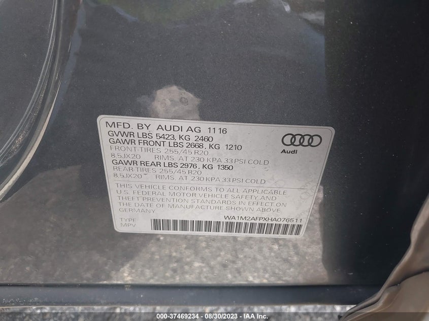 VIN WA1M2AFPXHA076511 2017 AUDI Q5 PREMIUM PLUS