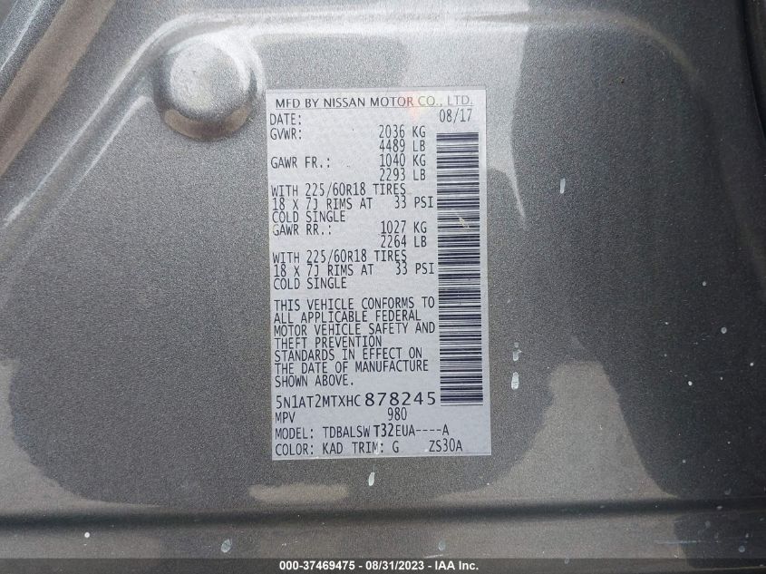 2017 NISSAN ROGUE SL - 5N1AT2MTXHC878245