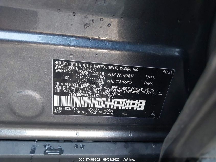 2021 TOYOTA RAV4 XLE/XLE PREMIUM - 2T3W1RFV0MC138171