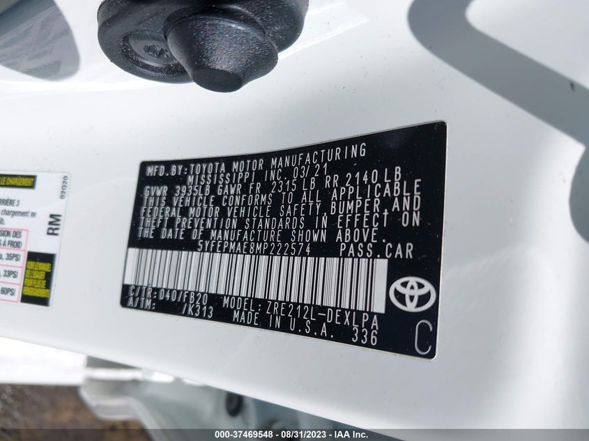 VIN 5YFEPMAE8MP222574 2021 TOYOTA COROLLA LE