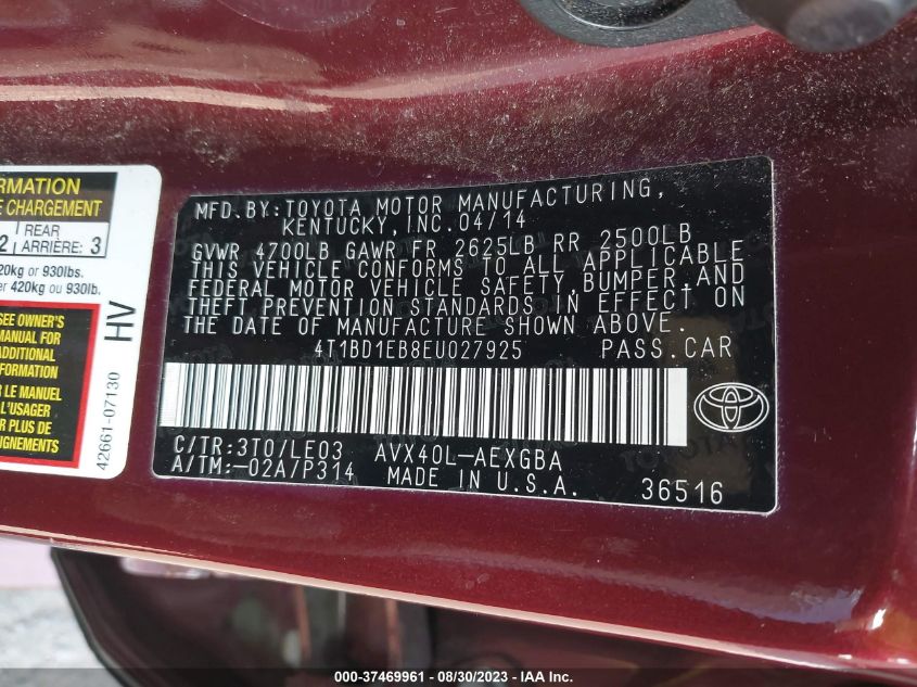 2014 TOYOTA AVALON HYBRID XLE TOURING 4T1BD1EB8EU027925
