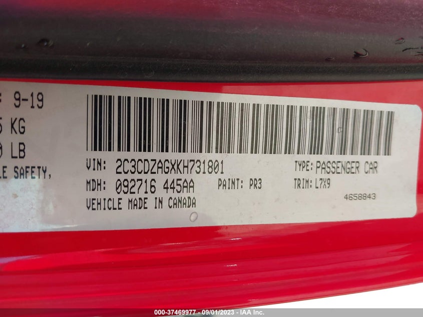 VIN 2C3CDZAGXKH731801 2019 DODGE CHALLENGER SXT