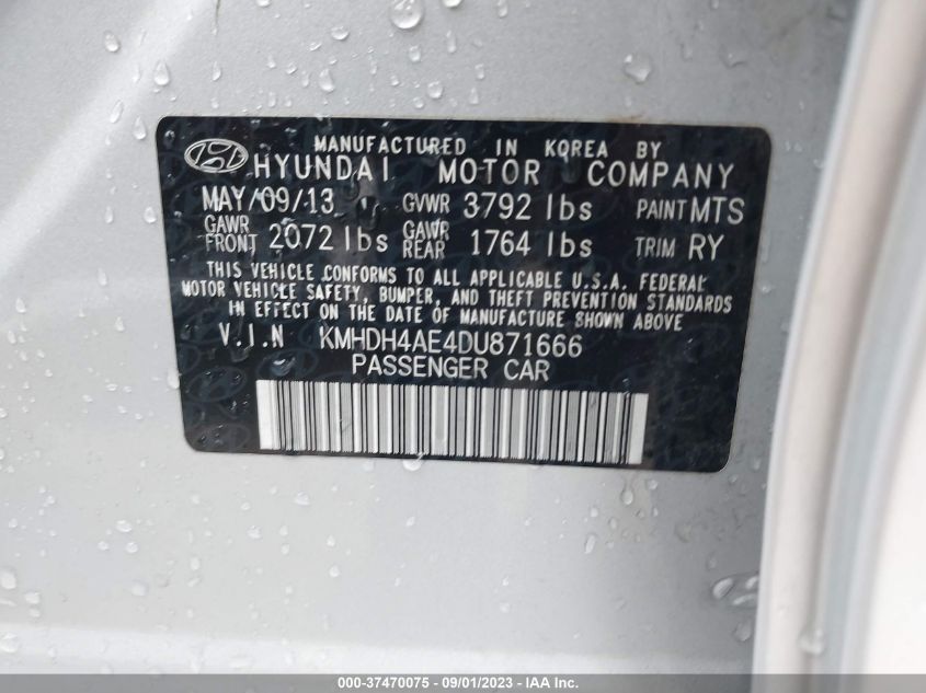2013 HYUNDAI ELANTRA LIMITED PZEV - KMHDH4AE4DU871666