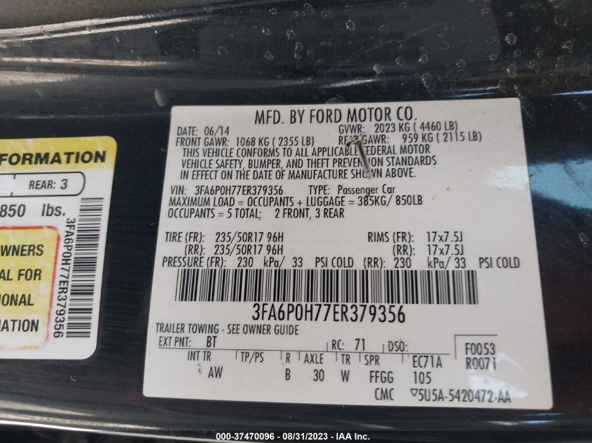 2014 FORD FUSION SE - 3FA6P0H77ER379356