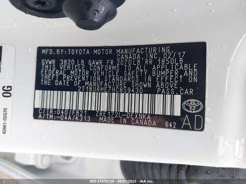 2017 TOYOTA COROLLA L/LE/XLE/SE - 2T1BURHE7HC859430