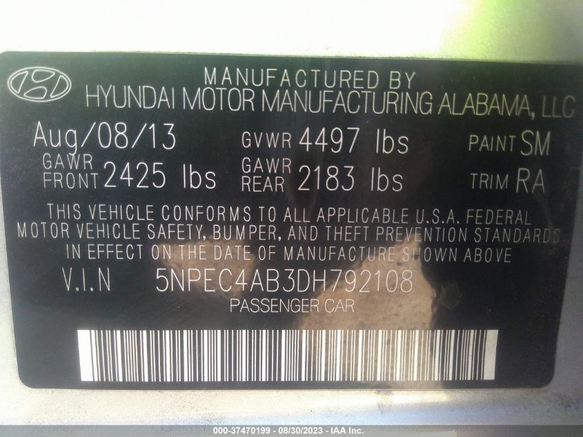 2013 HYUNDAI SONATA LIMITED - 5NPEC4AB3DH792108