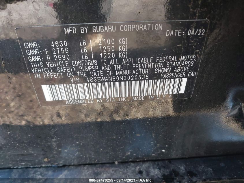 2022 SUBARU LEGACY LIMITED - 4S3BWAN60N3020538