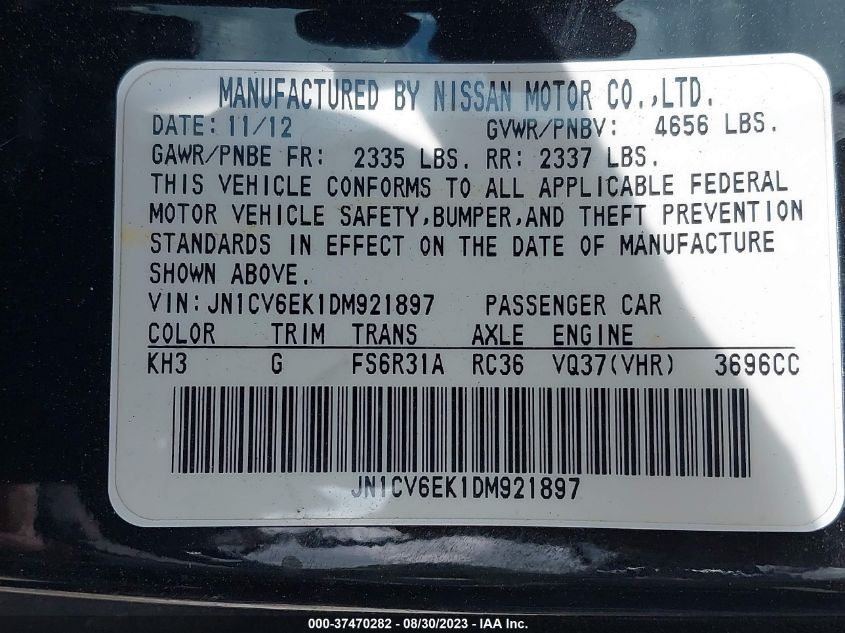 2013 INFINITI G37 COUPE SPORT 6MT JN1CV6EK1DM921897