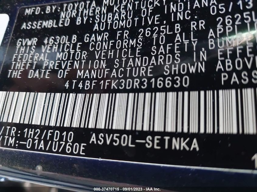 2013 TOYOTA CAMRY L/LE/SE/XLE - 4T4BF1FK3DR316630