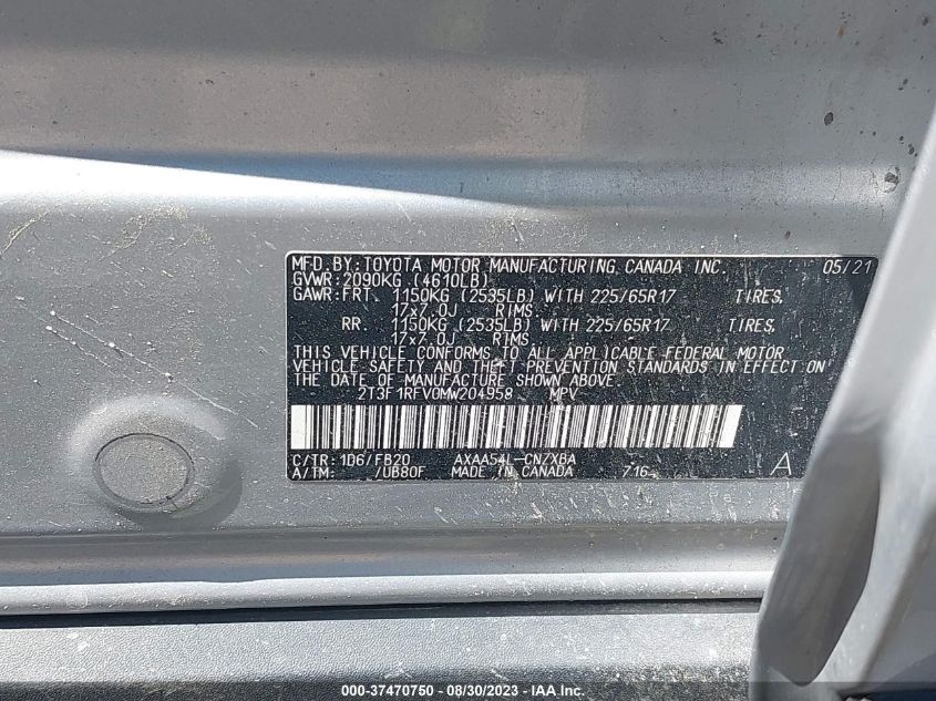 2021 TOYOTA RAV4 LE - 2T3F1RFV0MW204958