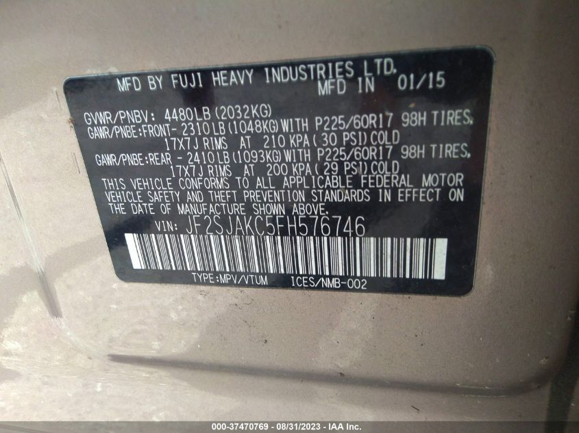 2015 SUBARU FORESTER 2.5I LIMITED - JF2SJAKC5FH576746