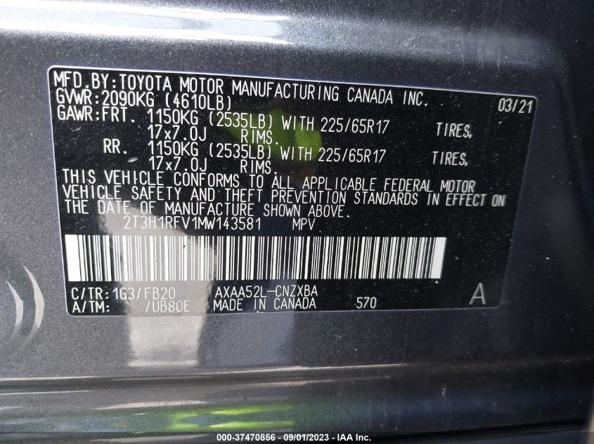 2021 TOYOTA RAV4 LE - 2T3H1RFV1MW143581